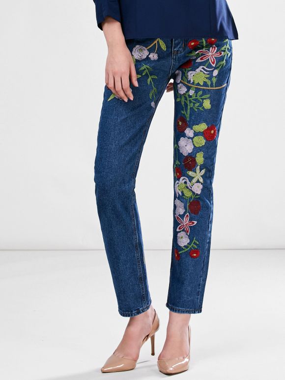 Jeans neuvième à broderie florales - Bleu XL