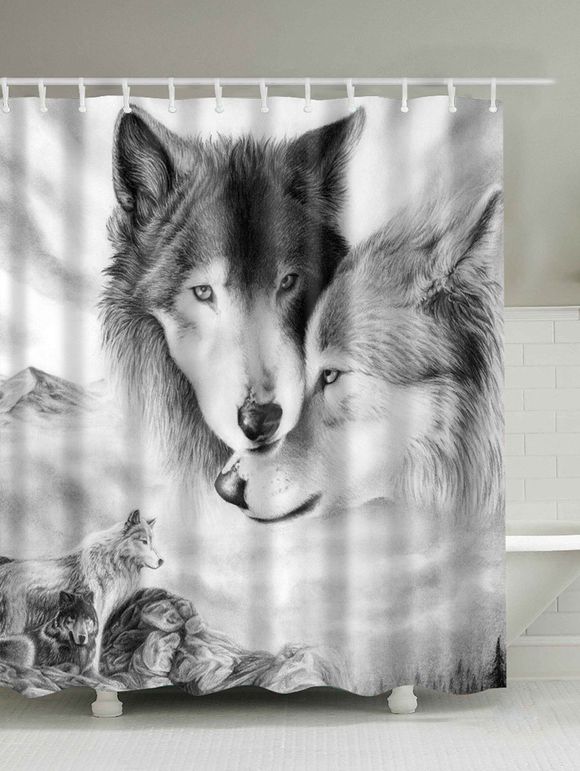 Rideau de salle de bains à motifs de loups numériques en 3D - Blanc Gris 180CM*180CM