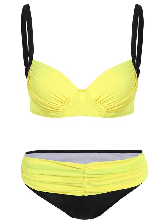 Bikini froncé en bloc de couleurs à bretelles fines - Jaune S