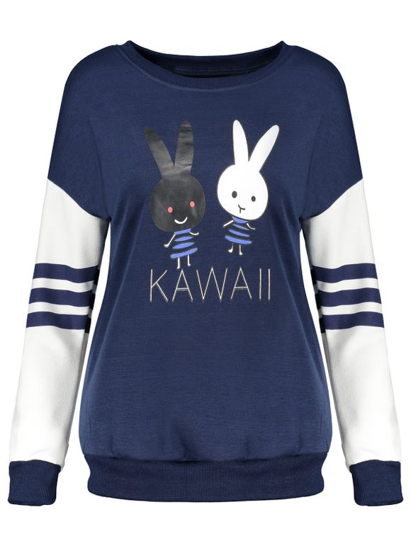Sweat-shirt à motifs de lapins comiques et à manches longues rayées - Bleu profond S