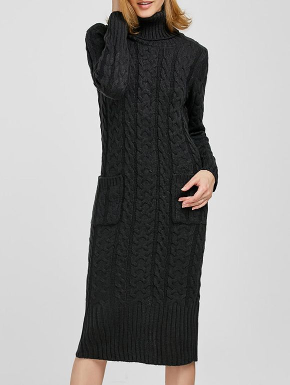Col roulé en maille torsadée Slit Sweater Dress - Noir ONE SIZE