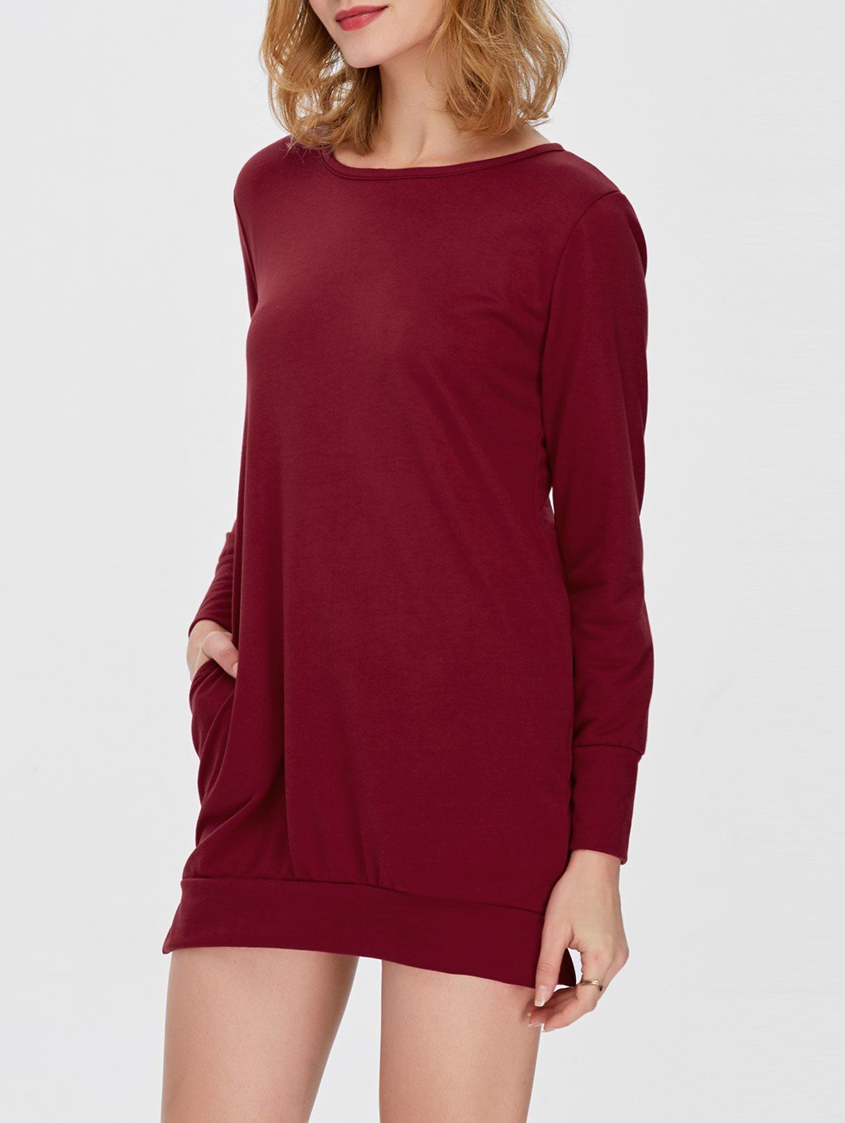 

Pocket Slit Long Sleeve Dress with Pocket, Burgundy