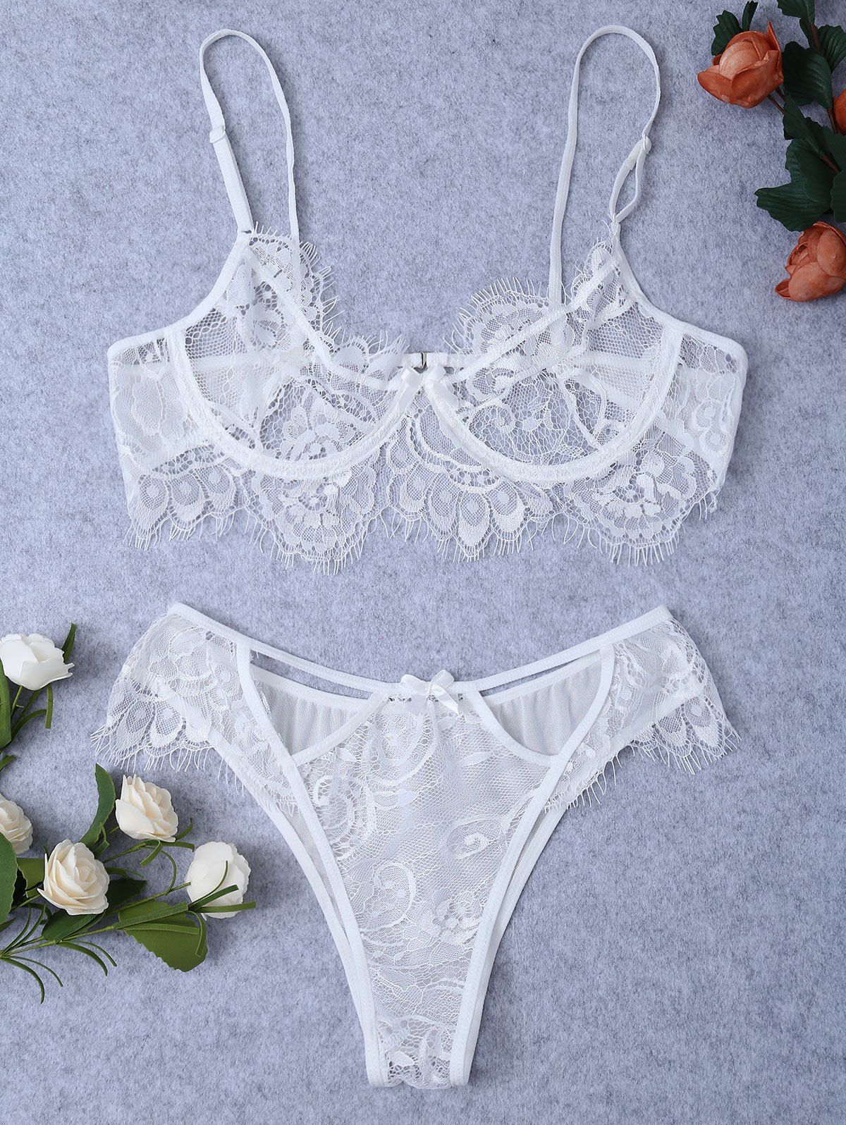 

Balconet Push Up Sheer Transparent Lace Demi Bra Milf and Panty, White