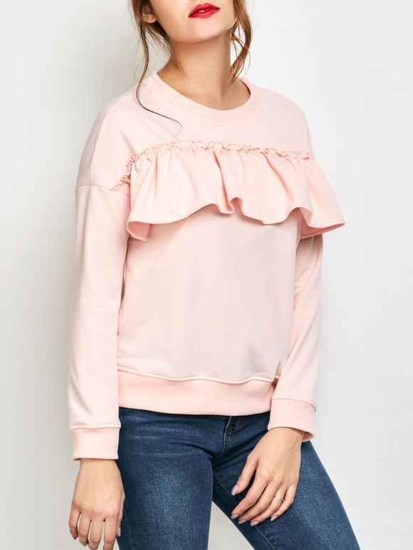 Sweatshirt à col rond et bas avec falbalas - Rose XL