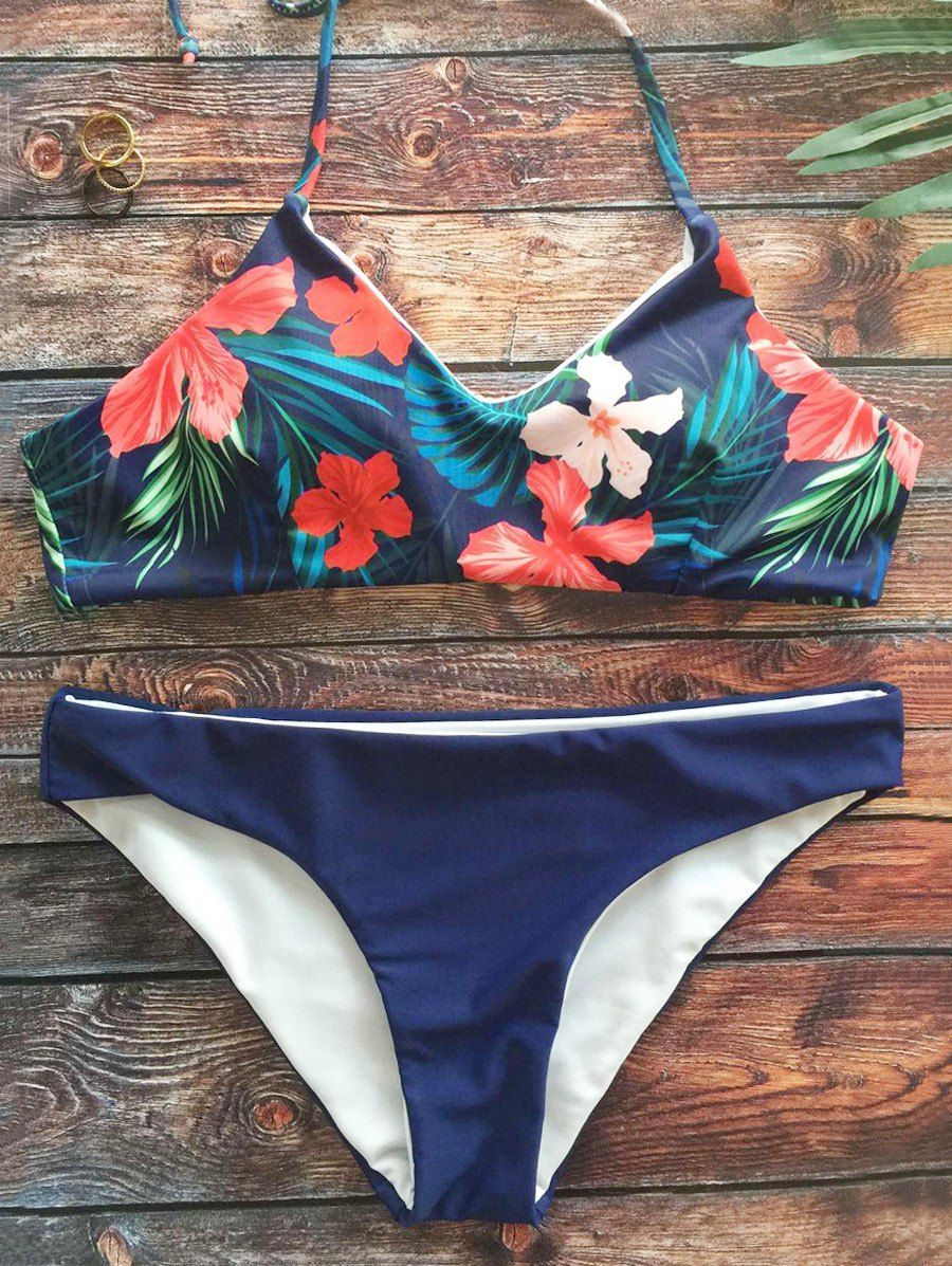 

Tropical Print Bikini Bathing Suit, Purplish blue