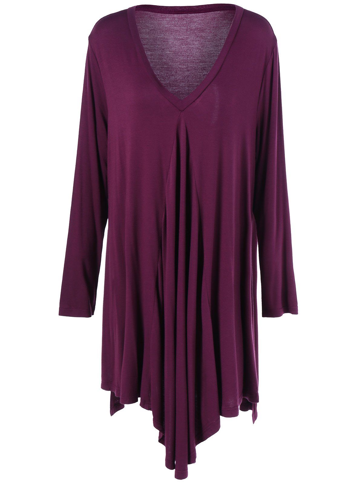 

Plus Size Pleated Asymmetric Longline T-Shirt, Purplish red