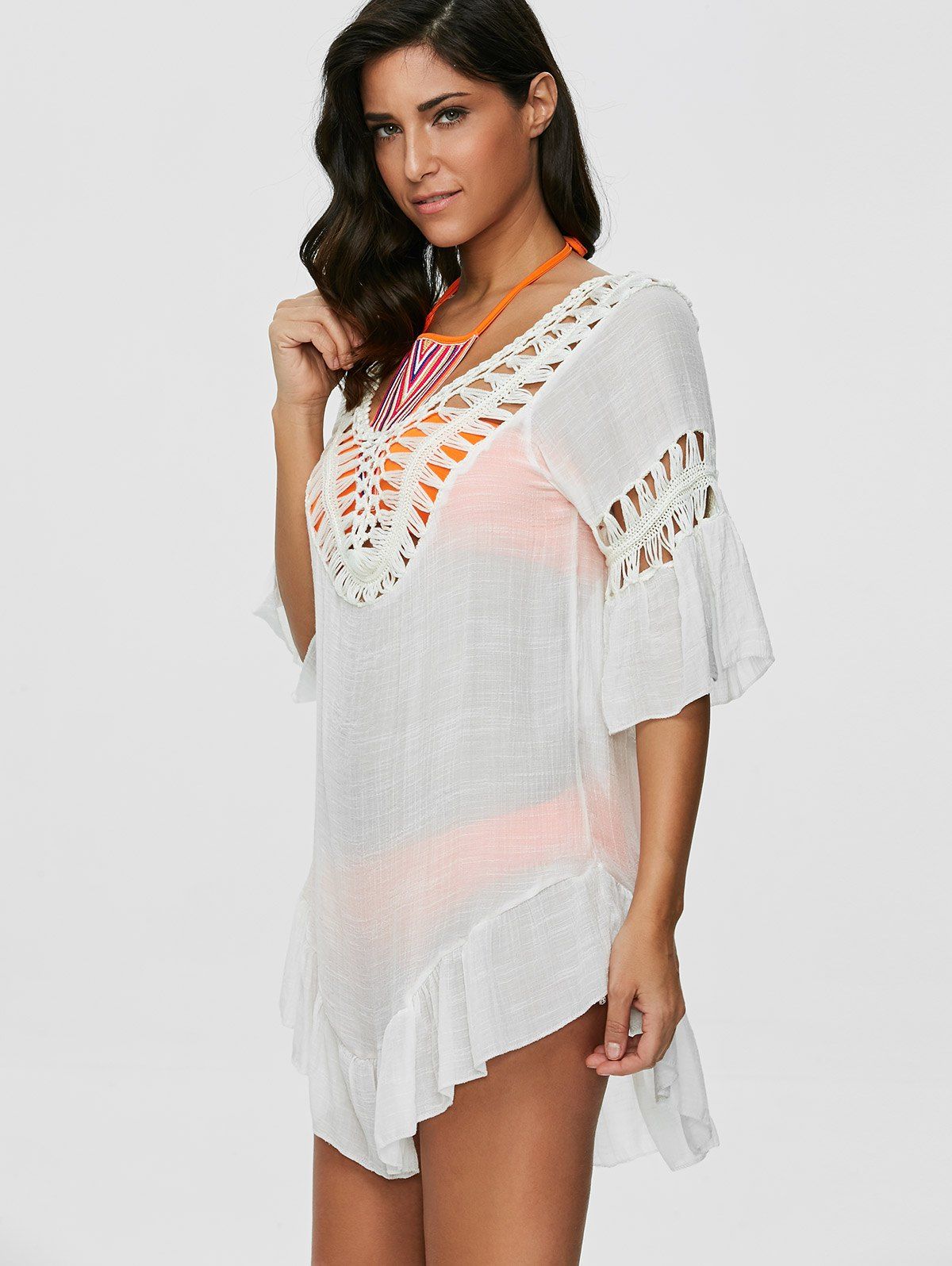 2018 Pompon SeeThrough Crochet Tunic Beach Cover Up WHITE ONE SIZE In
