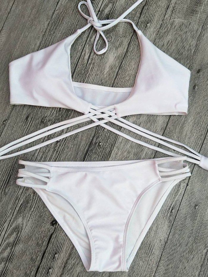 

Halter Strappy Lace-Up Cutout Bikini Set, White