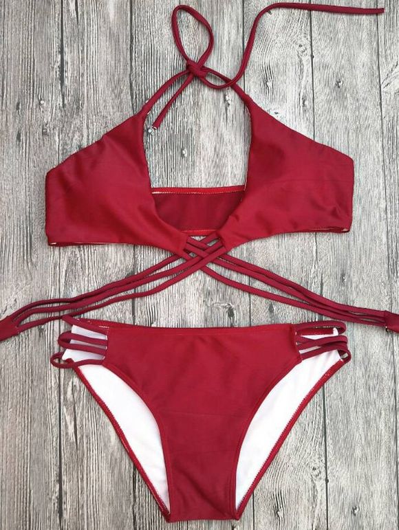 Halter Strappy Lace-Up Cutout Bikini - Rouge S