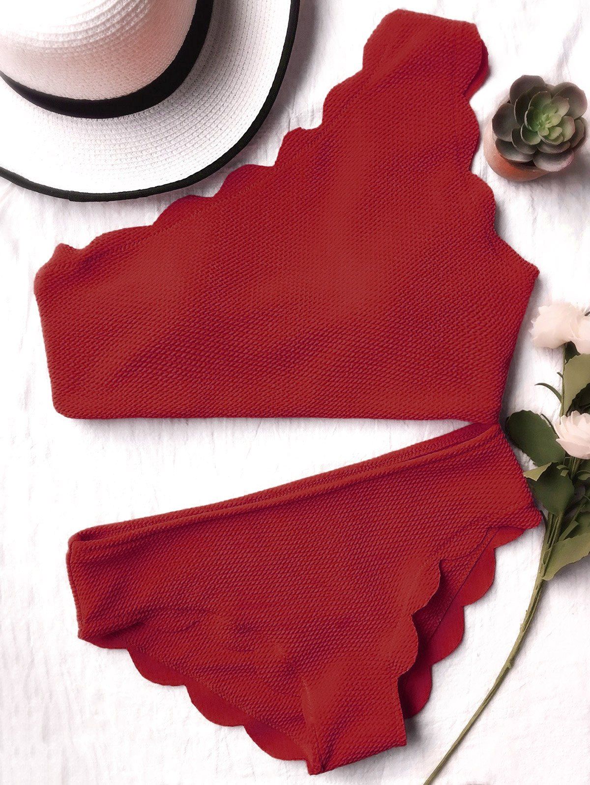 

One Shoulder Scalloped Bikini Set, Burgundy