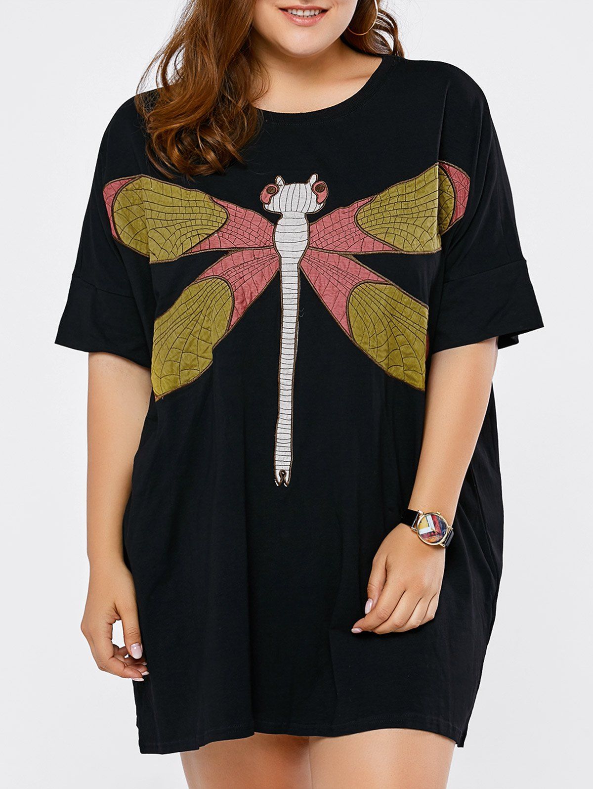 

Plus Size Dragonfly Embroidered Short Dress, Black
