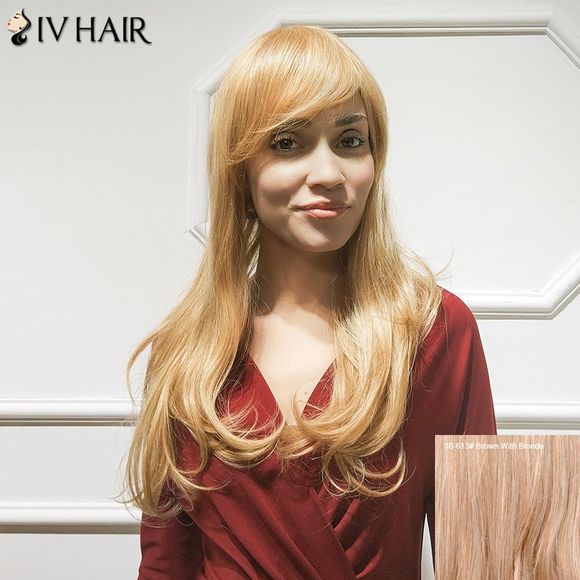 Perruque de cheveux humains longue légèrement recroquevillée - Brun Avec Blonde 
