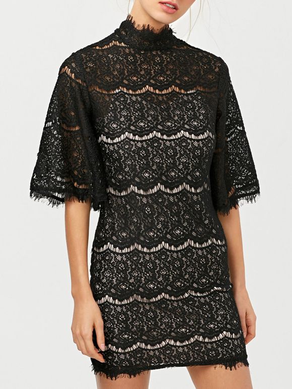 Flare Sleeve Bodycon Lace Tight Short Dress - BLACK 2XL
