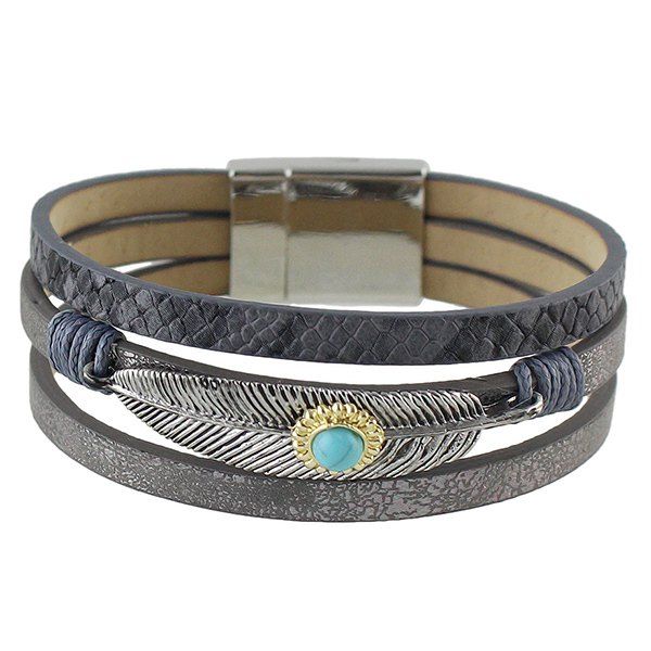 

Fake Turquoise Feather Leather Bracelet, Gray