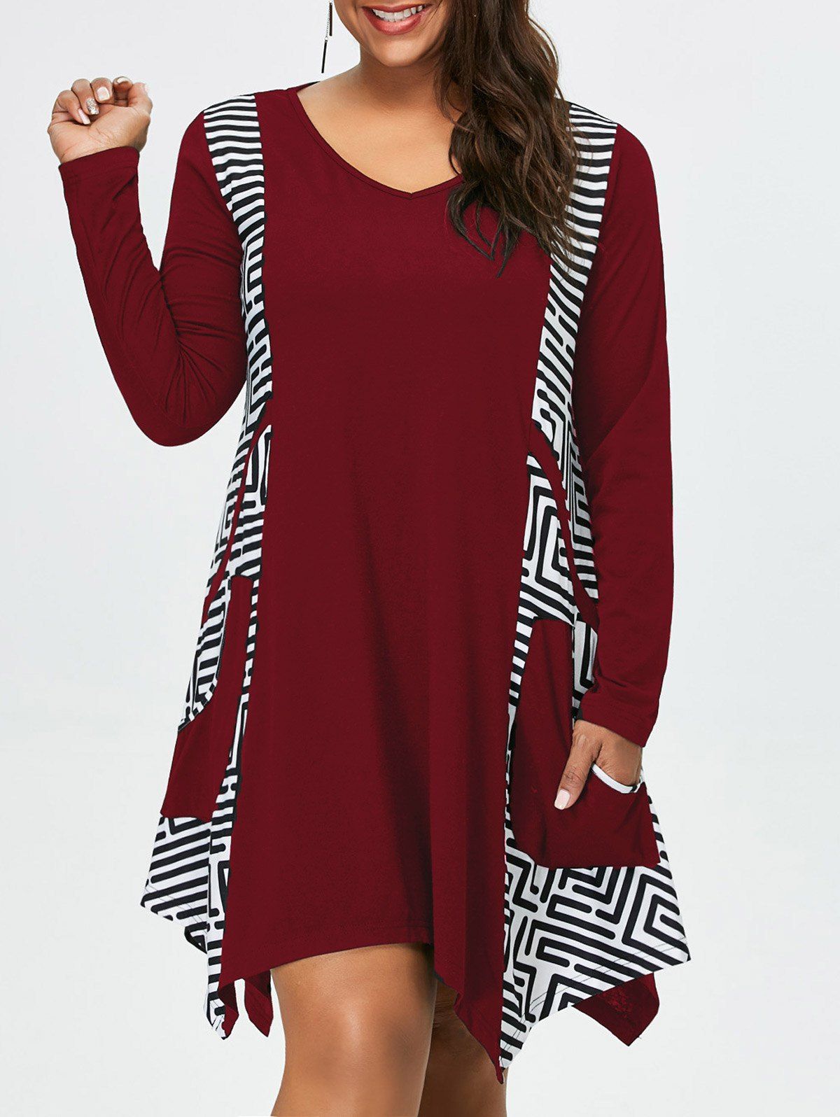 

Plus Size Long Sleeve Asymmetrical Tee Dress with Pockets, Deep red
