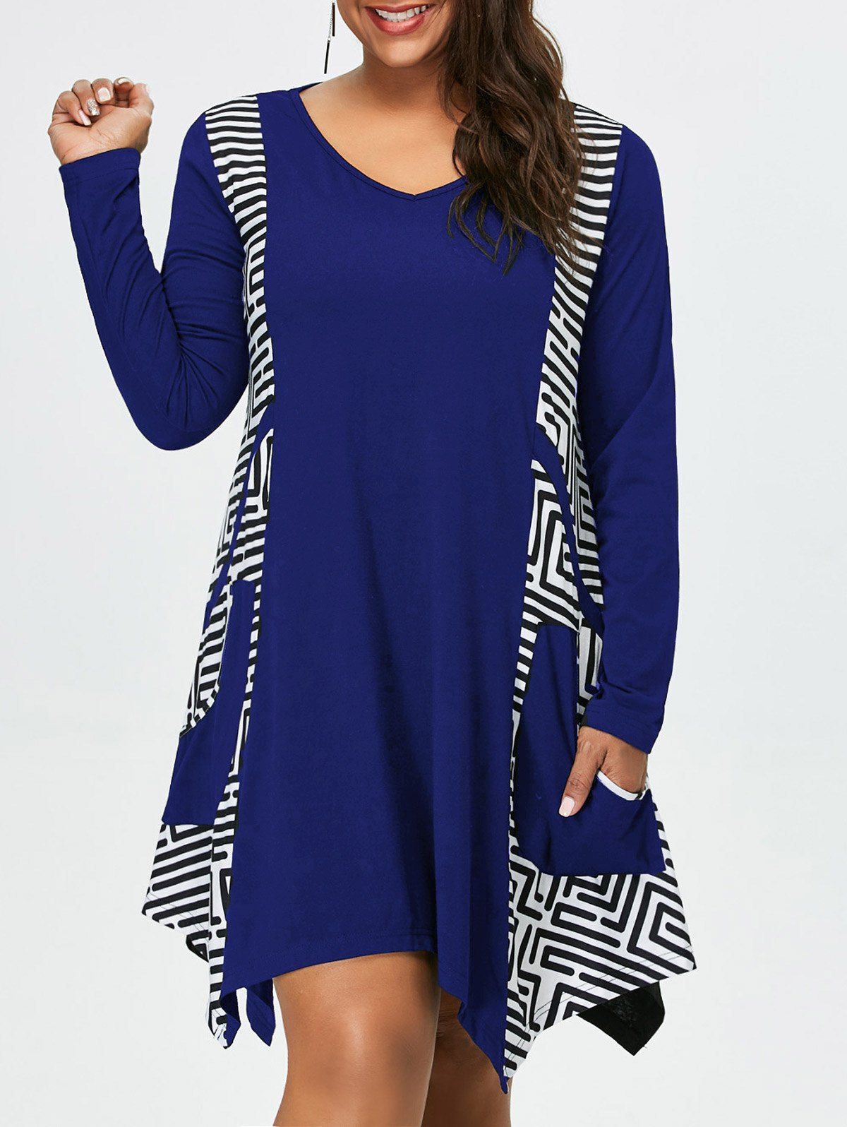 

Plus Size Long Sleeve Asymmetrical Tee Dress with Pockets, Blue