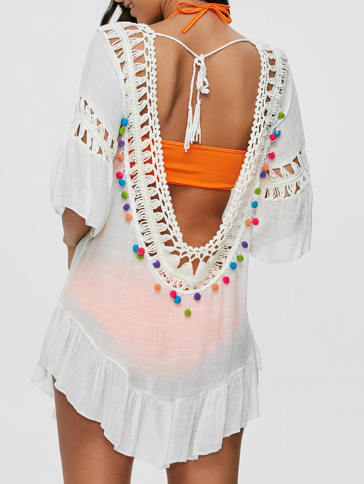 Pompon See-Through Crochet Tunic Beach Cover Up - WHITE ONE SIZE