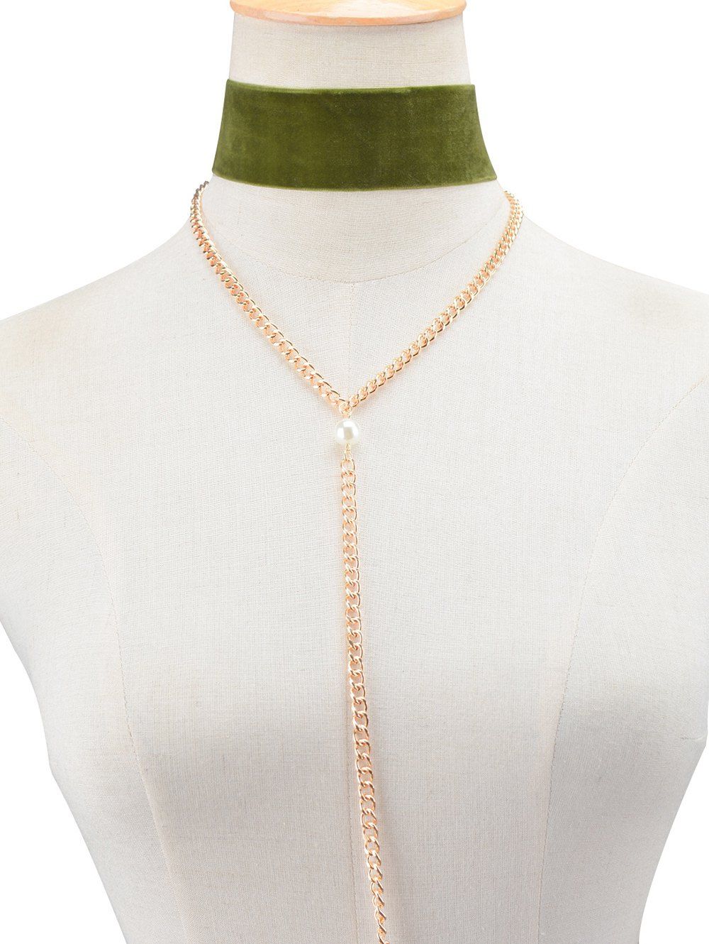 

Fake Pearl Velvet Chain Layered Necklace, Army green