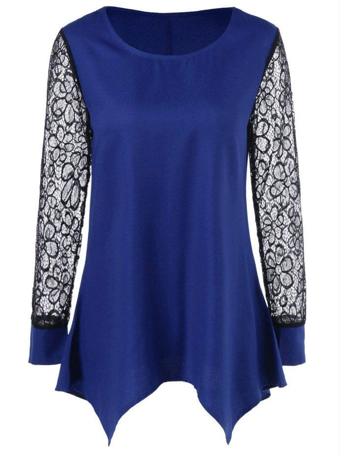 

Lace Panel Tunic Asymmetric T-Shirt, Blue