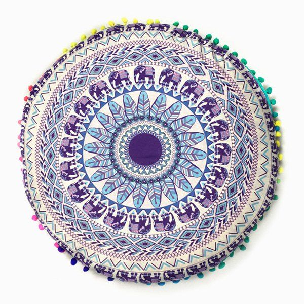 

Elephant and Feather Print Pompon Round Floor Cushion Pillow Case, Purple