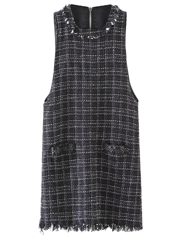 Robe sans manche effilochée écossaise décorée de rivets - Noir L