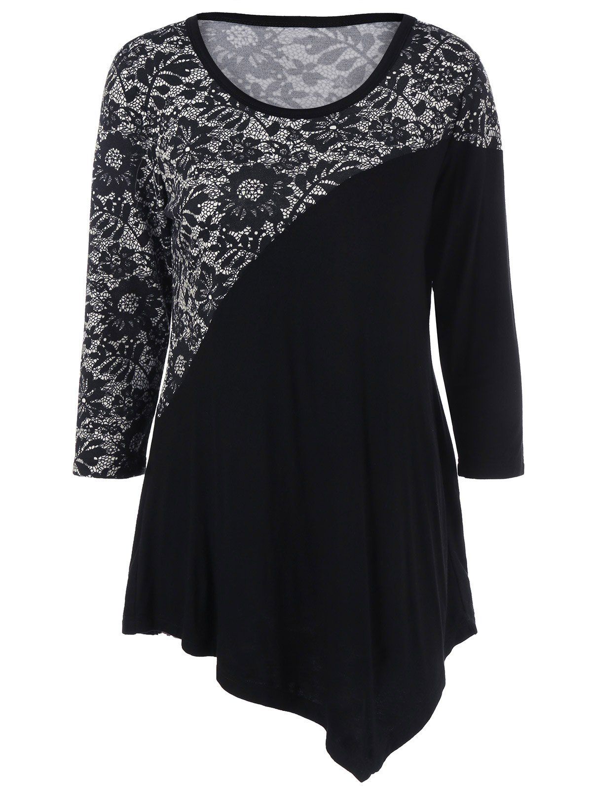 

Floral Trim Asymmetrical T-Shirt, Black