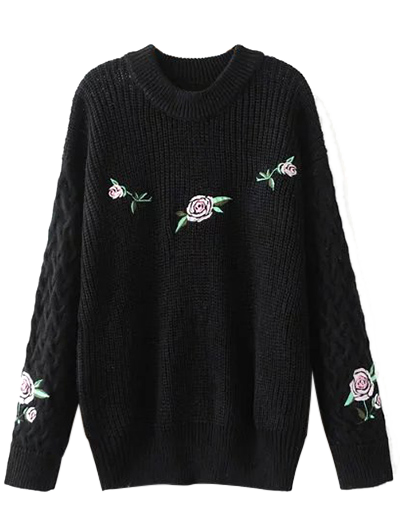 Pullover brodé fleurs - Noir S