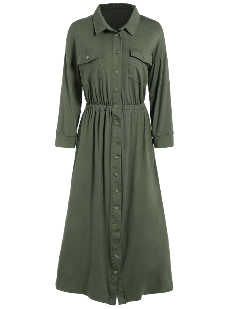 Elastic Waist Midi Shirt Military Ball Dress - ARMY GREEN M
