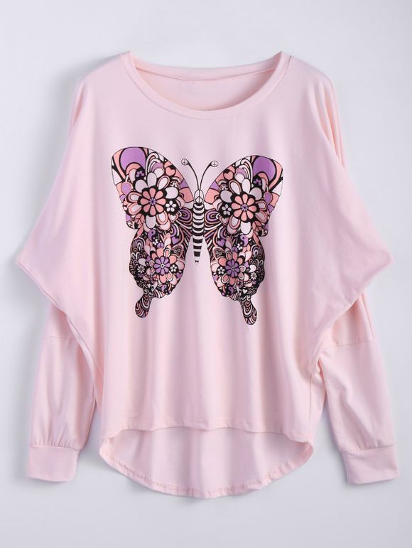 T-shirt long à col bas et imprimé de papillon - Rose L