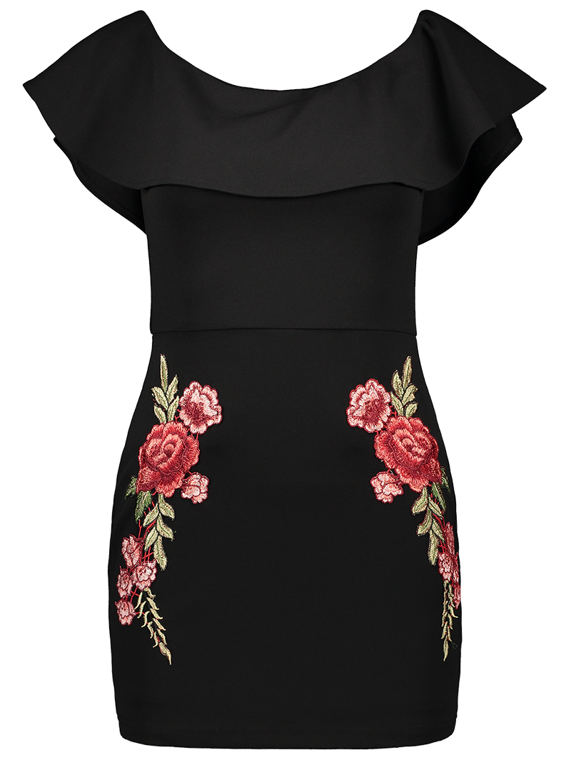 off the shoulder retro flower print black sheath dress