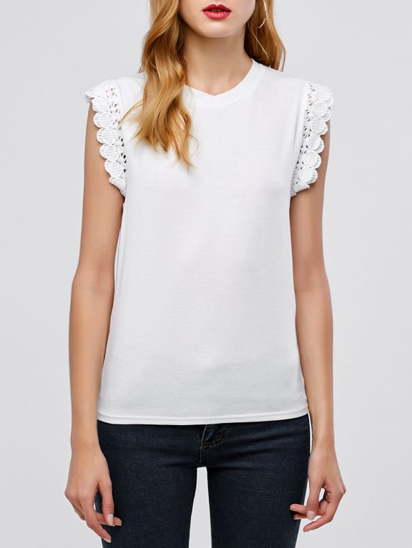 T-shirt à col rond et manches cape - Blanc S