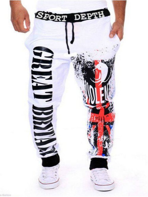 

Drawstring Contrast Trim Letter Printed Jogger Pants, White