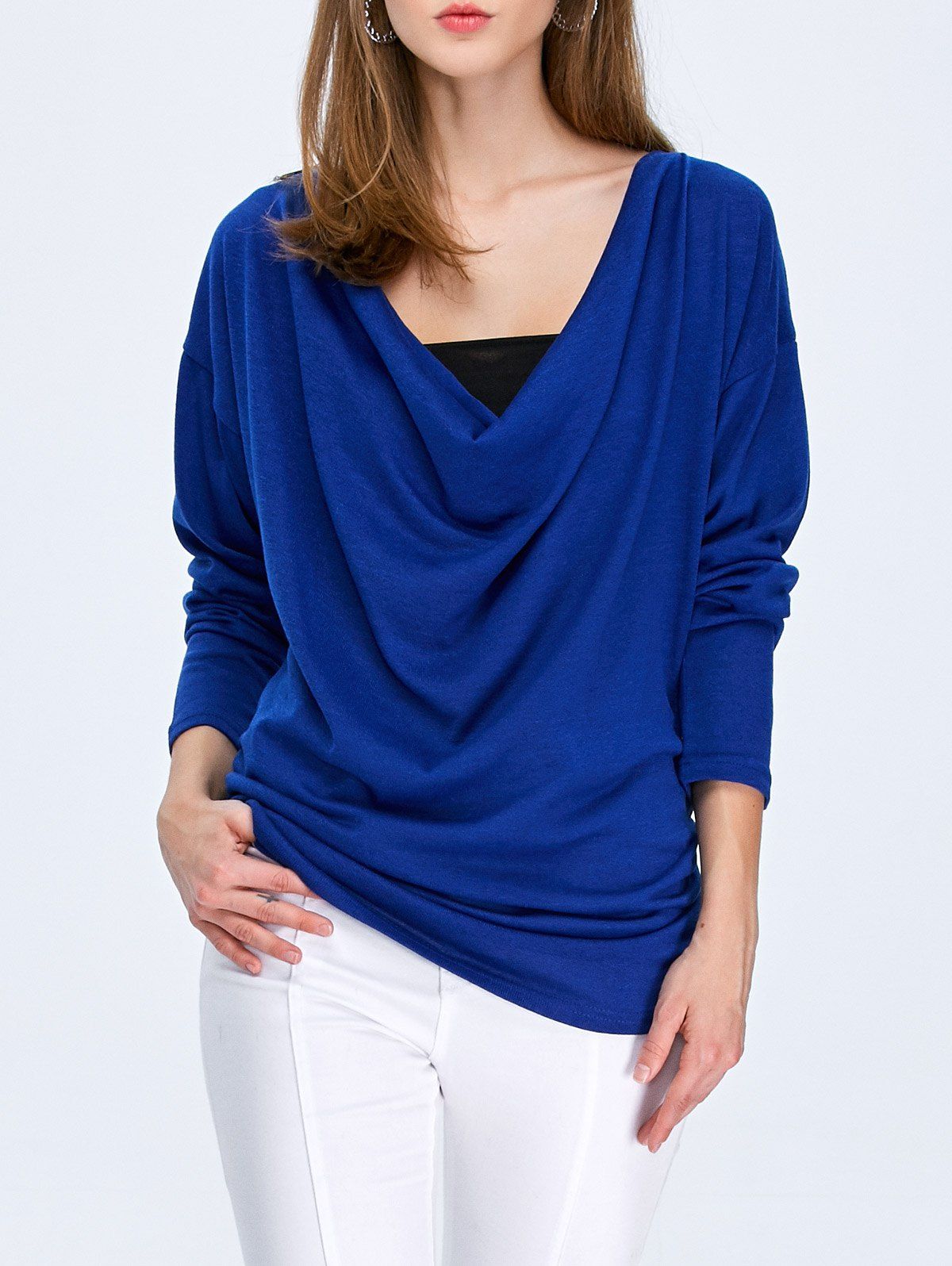 [41% OFF] 2021 Cowl Neck Drop Shoulder Batwing Sleeve T-Shirt In BLUE ...