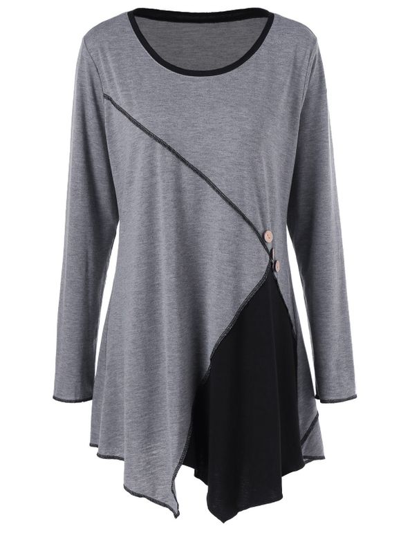 Plus Size Cousu Asymmetric Tunique T-Shirt - Noir et Gris 2XL