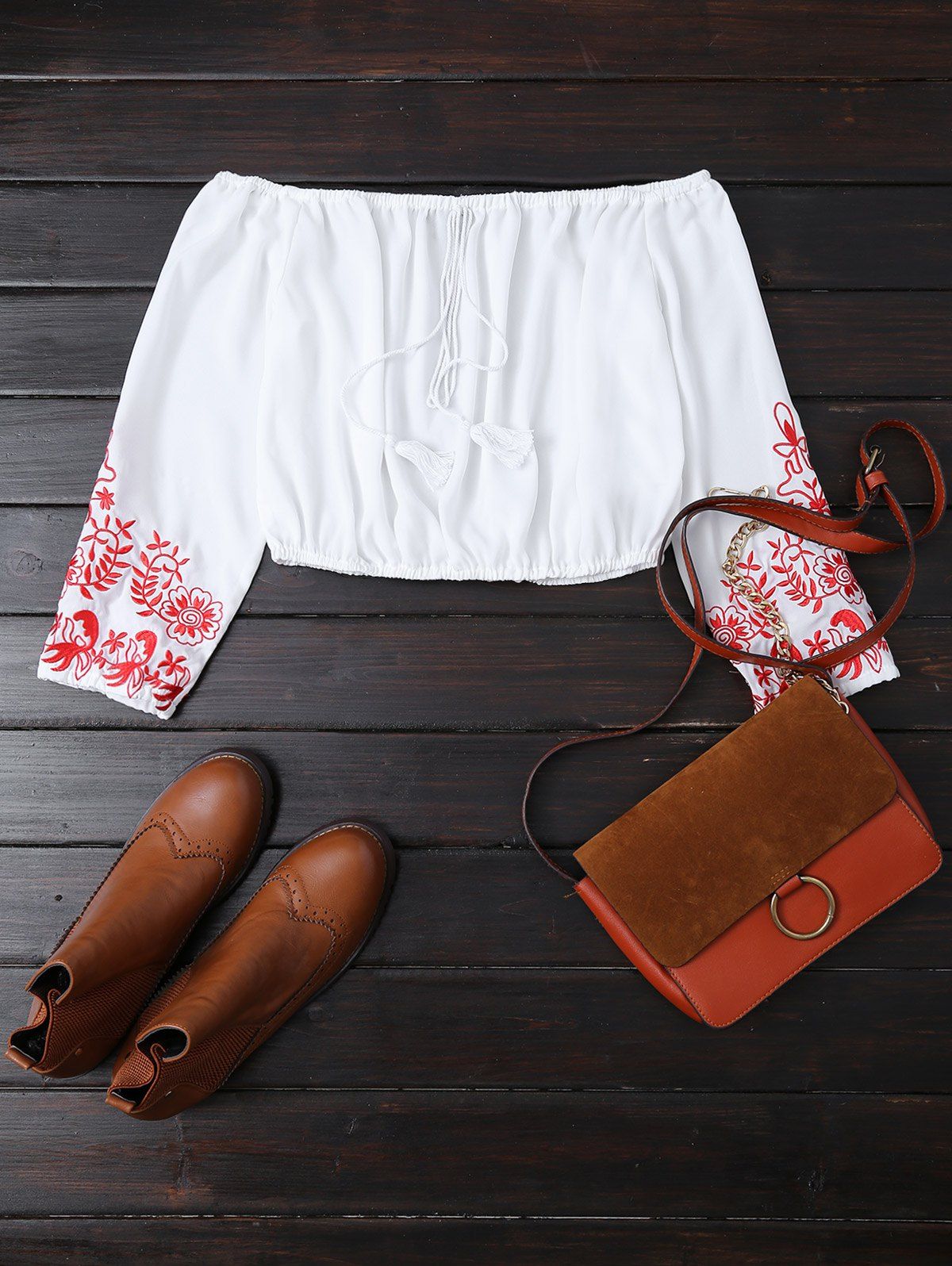 

Off The Shoulder Embroidered Cropped Blouse, White