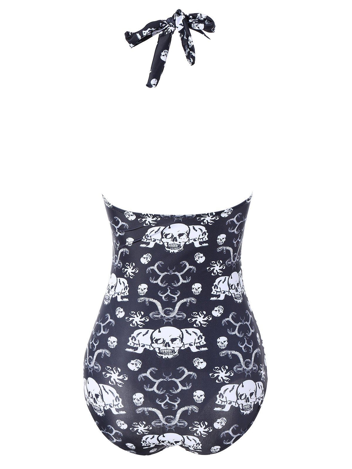 2018 Plus Size Skulls Print Halter Padded One Piece Bathing Suit BLACK