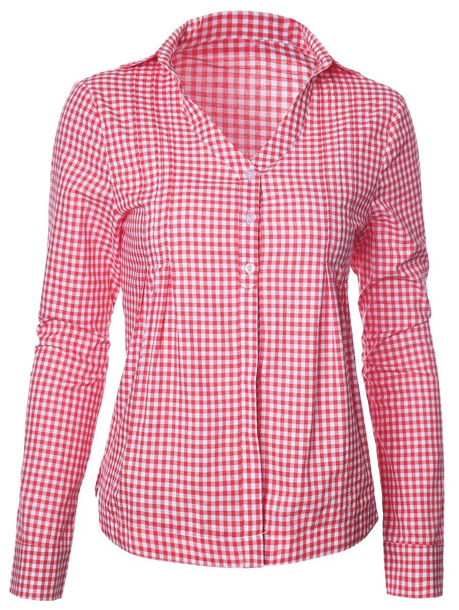 

Plaid Cotton Blend V Neck Shirt, Red