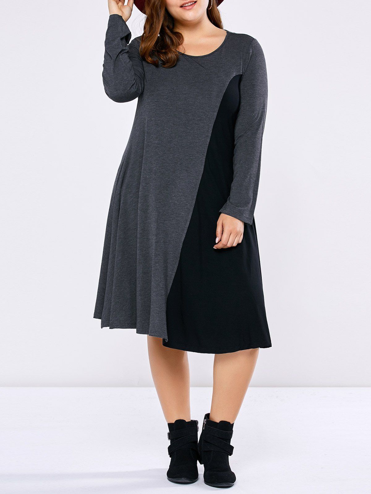 

Plus Size Long Sleeve Two Tone Casual Dress, Black and grey