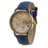 Montre en quartz imprimée de carte mondiale avec bracelet en cuir faux - Bleu 