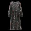 Mesh Floral Robe brodé à manches longues - Noir S