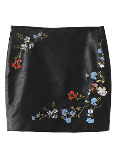 [17% OFF] 2021 Faux Leather Floral Skirt In BLACK | DressLily