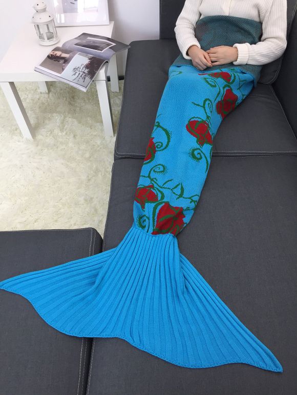 Couverture en tricot forme queue de sirène imprimée fleurs - Bleu 