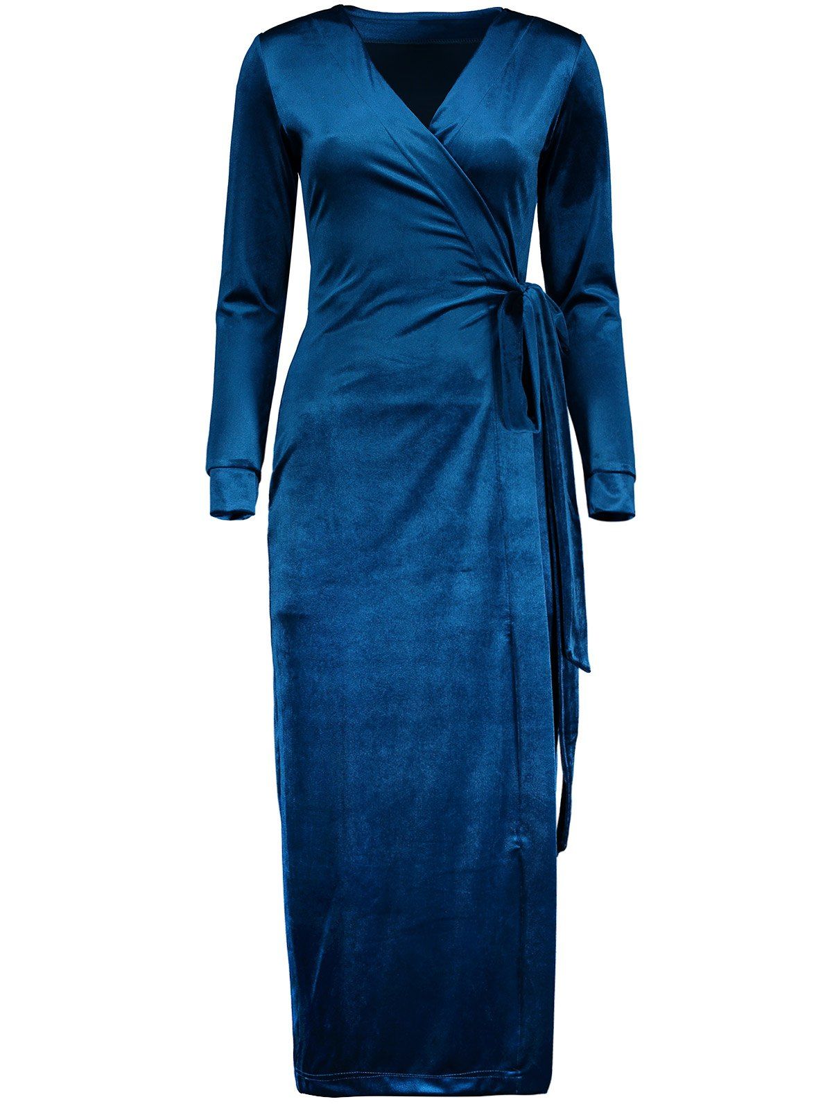 [41% OFF] 2021 Long Sleeve Velvet Wrap Dress In BLUE | DressLily