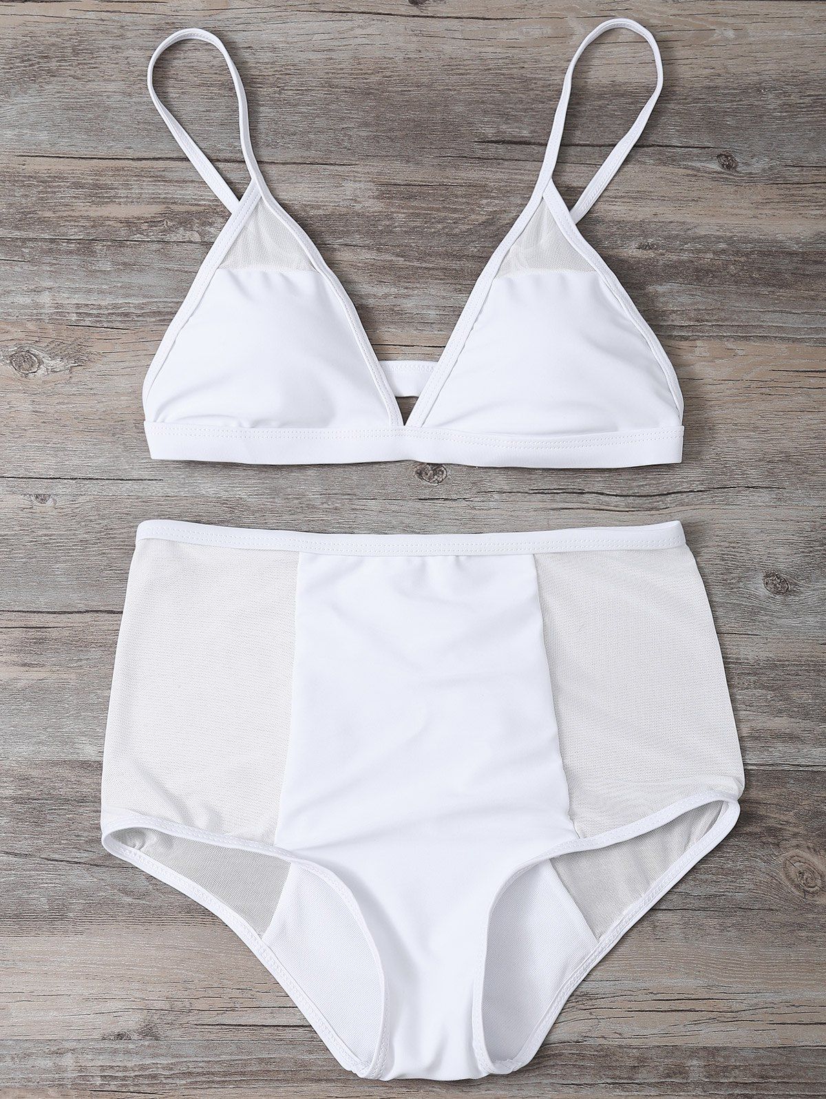 

Mesh Panel High Waisted Triangle Bikini Set, White