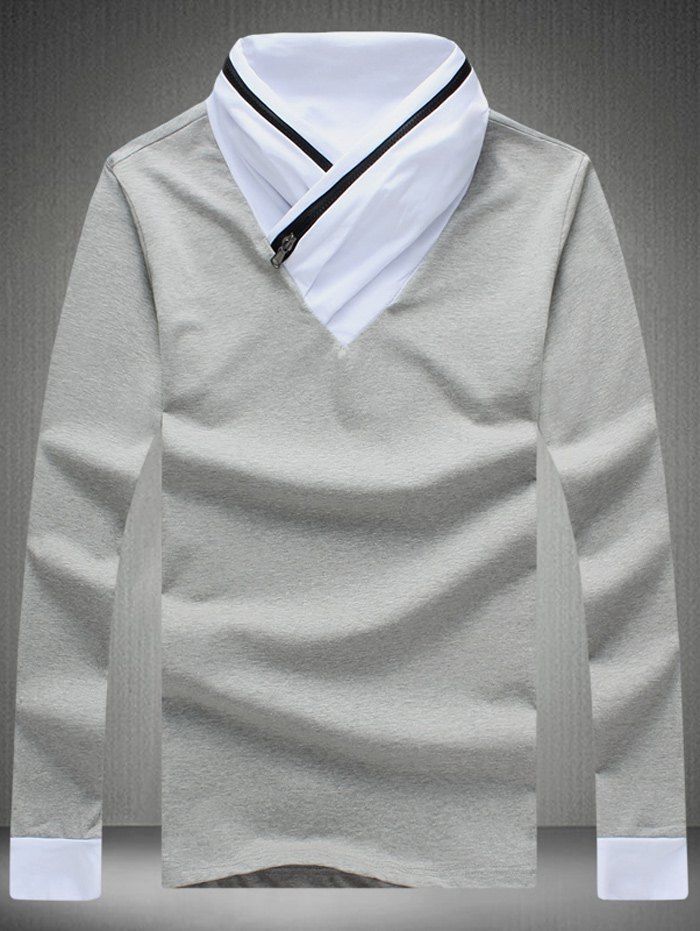 

Color Block Zipper Design Shawl Collar T-Shirt, Gray
