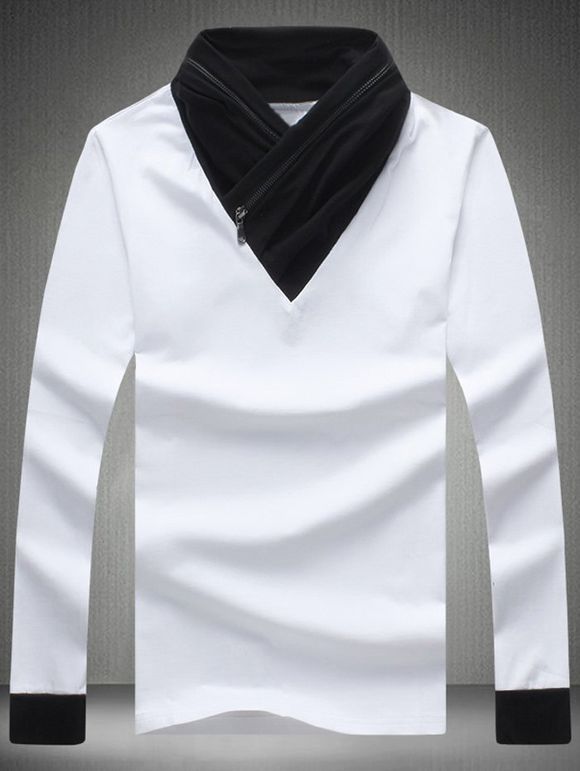T-shirt zippé couleur block col châle - Blanc 2XL