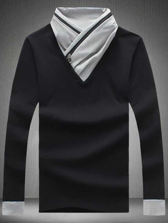 T-shirt zippé couleur block col châle - Noir 3XL