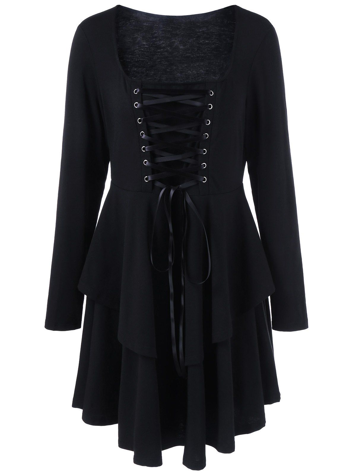 

Plus Size Lace-Up Layered Gothic Flare Dress, Black