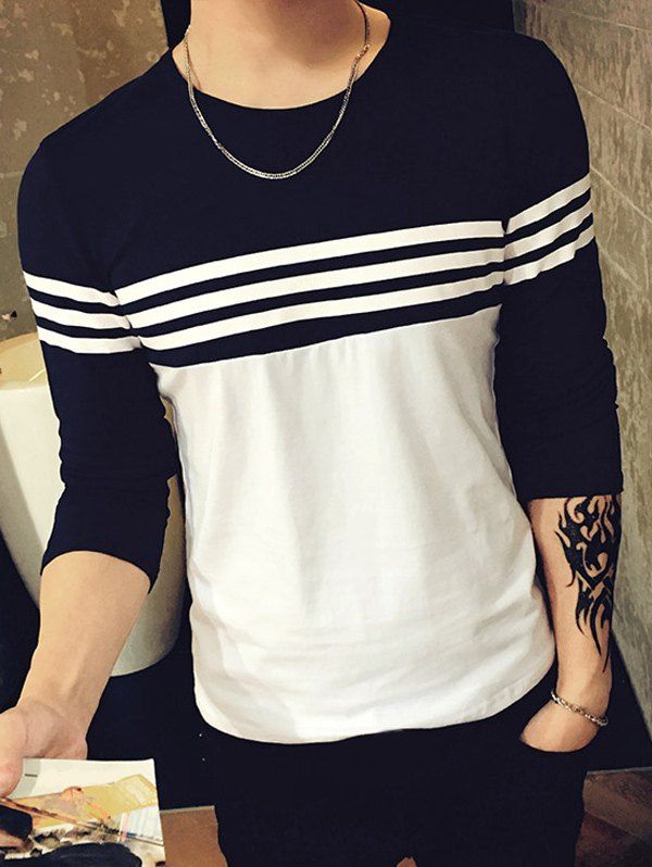 

Crew Neck Striped Color Block Panel T-Shirt, Cadetblue