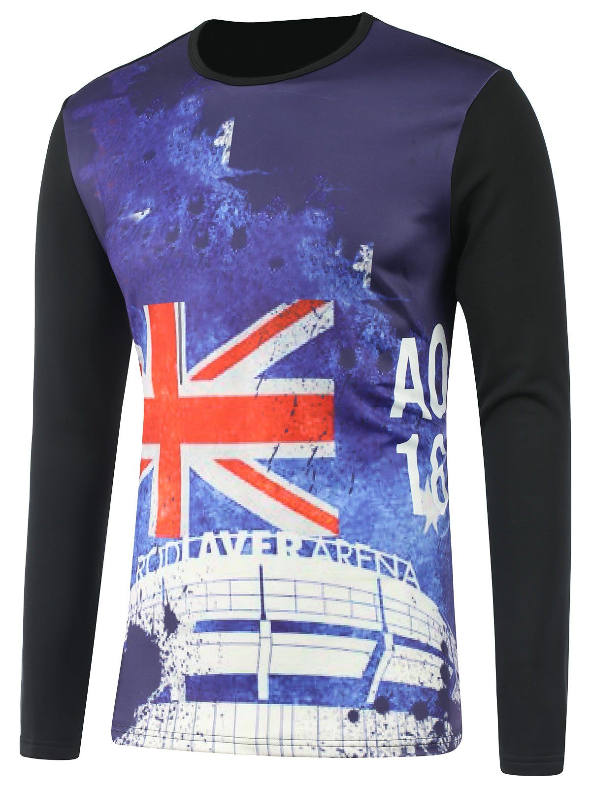 

Flocking Flag Pattern Long Sleeve T-Shirt, Black